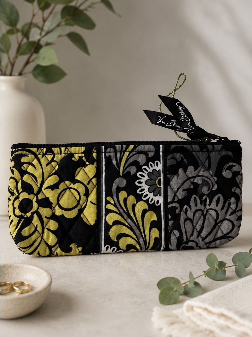 Vera Bradley Quilted Zip Pencil Case Cosmetic Pouch Floral Black Yellow Gray Boh